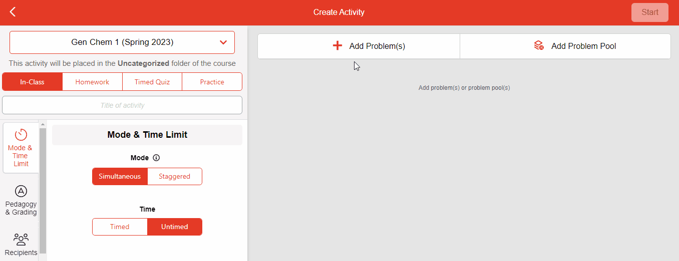User is on the assignment screen and indicates where the Add Problems and Add Problem Pool areas are. They are in the question feed above any questions added.