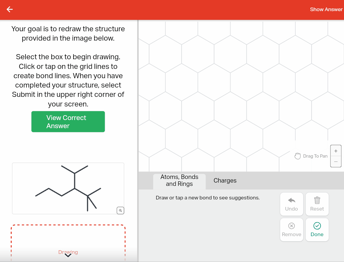 User clicks on an example structure within an Aktiv Grid question. It brings up a pop up with the structure with the ability to increase and decrease the zoom and drag to pan.