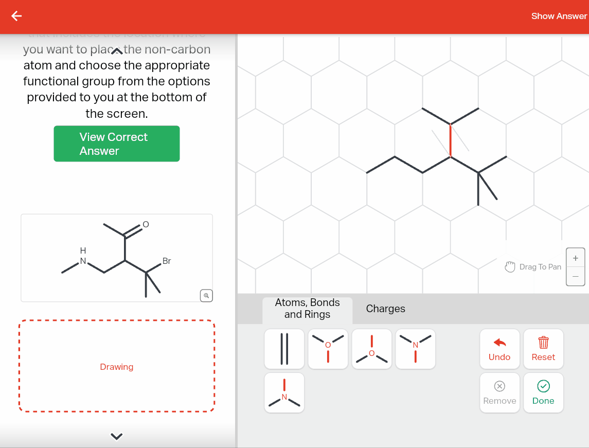 Starting from the same skeletal structure, the user selects a bond and changes it into a carbon double bond using the menu. The same is done with Nitrogen and Halogen functional groups.