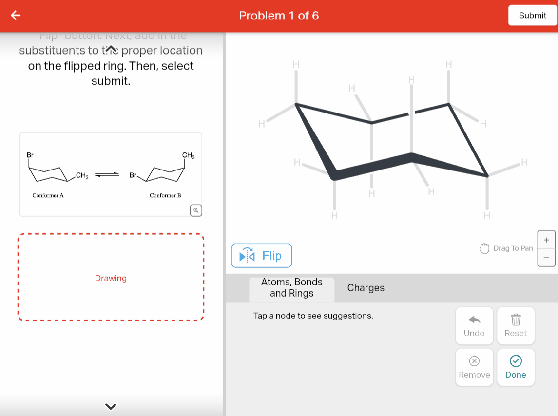 The user selects the drawing area that is below the question statement and example images. The user then selects the Flip button, which brings up a warning that all drawn items will be cleared. They click accept and the drawing flips.