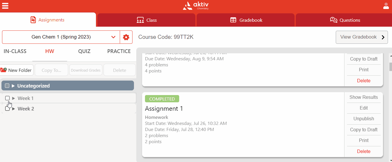 Organizing assignments